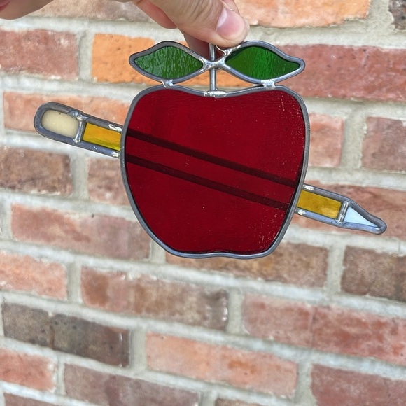 Red Apple Stained Glass Ornament Teacher Education Educator Small Pencil School - Picture 2 of 2